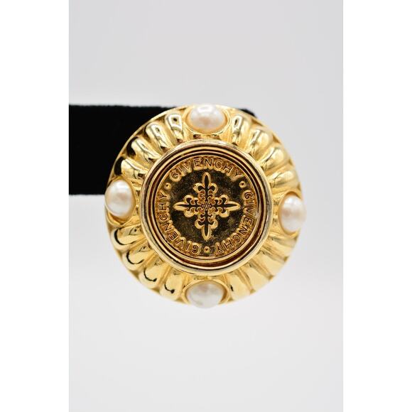 Givenchy Vintage Coin Clip On Earrings Logo Gold Chunky Pearl Signed 1980s BinAG - Picture 7 of 12